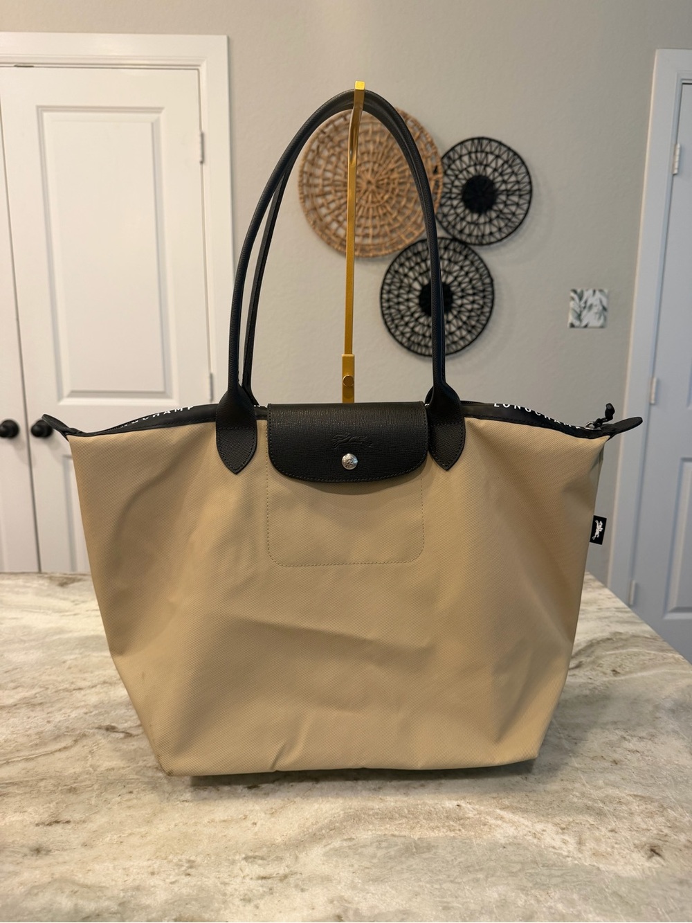 Longchamp Le Pliage Beige and Black Tote Bag with Long Handles